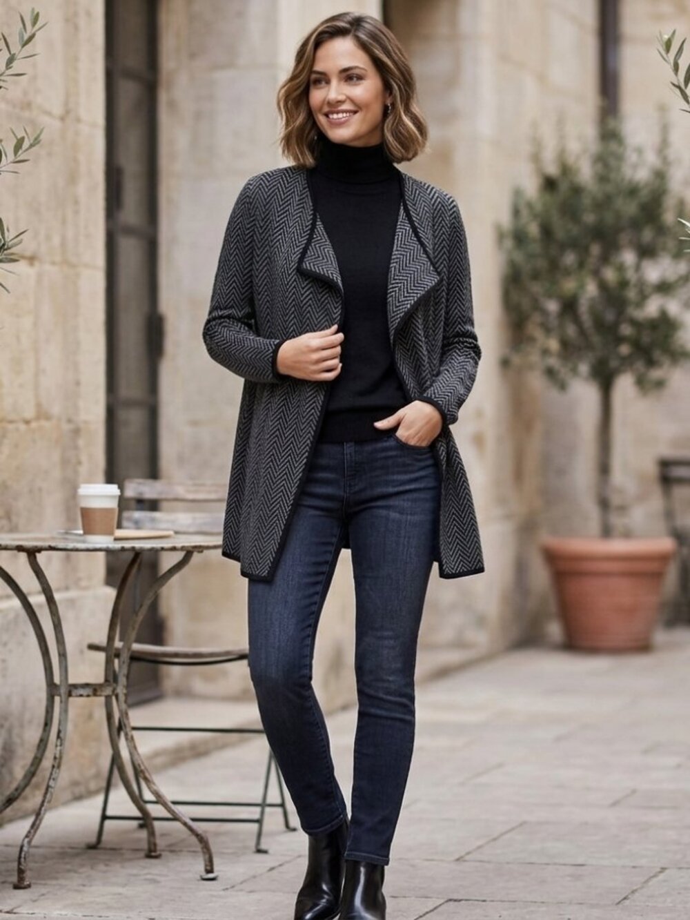 Vince Camuto Herringbone Open Front Cardigan‎ Size Medium Black Gray 100% Cotton